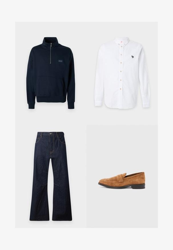 Sweat-shirt à col roulé bleu marine en coton, doté d'un col montant, d'une demi-fermeture éclair, d'une poche avant et de poignets et ourlet côtelés. Petit logo discret.; Chemise blanche à manches longues pour homme avec boutons beiges et un petit zèbre multicolore brodé sur la poitrine gauche.; Jeans évasés en denim bleu foncé avec des coutures jaunes, cinq poches et une fermeture éclair. Présente des coutures horizontales au-dessus des genoux.; Mocassins en daim marron avec un talon plat, présentant un détail cousu main et une texture douce. Le design comprend une silhouette classique à enfiler.