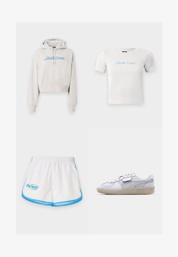 Sweat à capuche gris clair court avec une capuche à cordon et des poignets côtelés. Présente l'inscription "Santa Cruz" en cursive bleue sur le devant.; T-shirt en coton blanc à manches courtes, avec un logo en script "Santa Cruz" bleu clair et un graphique de cœur au centre.; Pal Sporting Goods LEAGUE WOMENS - Short - marshmallow/blue; Baskets blanches en cuir avec des accents gris, fermeture à lacets et semelle en caoutchouc texturée. Présente un logo bien en vue sur le côté.