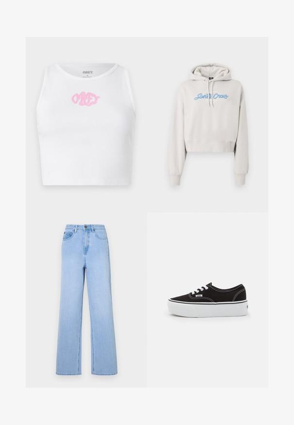 Lysegrå cropped hættetrøje med snøre i hætten og ribbet kant ved ærmerne. Har "Santa Cruz" skrevet i blåt kursiv på forsiden.; Hvid ribbet crop top med et pink "OBEY" logo i midten. Designet med en rund halsudskæring og uden ærmer.; Lysblå højtaljede jeans med bred ben-design, lavet af denim. Har markante syninger og fem-lommes styling.; Sort lærred sneakers med en hvid gummi platform sål, der har hvide snørebånd og syninger, ikonisk branding på siden, lav-top design.