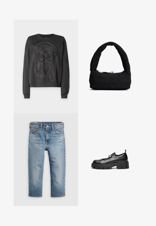 Sort sweatshirt med lange ærmer, prydet med et stort grafisk design af et ansigt med briller og flosset kant. Ribbet manchetter og halsudskæring.; Lyseblå denimjeans med afslappet pasform, kort længde, fem lommer og lukning med metalknap. Falmet struktur med diskrete syningsdetaljer.; Sorte læder snørebåndssko med rund tå, kraftig platåsål og dekorativ syning langs kanten.; Quiltet sort håndtaske med en buet hank og lynlås. Udstyret med teksturerede mønstre og et blødt stofmateriale. Kompakt og alsidig design.
