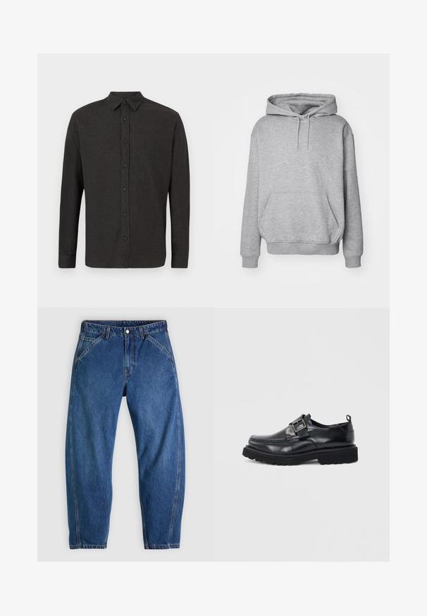 Grauer Kapuzenpullover aus weichem Stoff mit Kängurutasche und gerippten Bündchen. Verfügt über einen Kordelzug für die verstellbare Kapuze.; Dunkelgraues langärmliges Hemd mit Knopfverschluss und spitzem Kragen, flach vor einem weißen Hintergrund ausgestellt.; Blaue Denim-Jeans mit lockerer Passform, ausgestattet mit Knopfverschluss, fünf Taschen und kontrastierenden orangefarbenen Nähten. Durchgehend glatte Textur.; Schwarzer Leder-Slipper mit klobiger Sohle und silbernem Schnallenriemen an der Seite vor weißem Hintergrund.