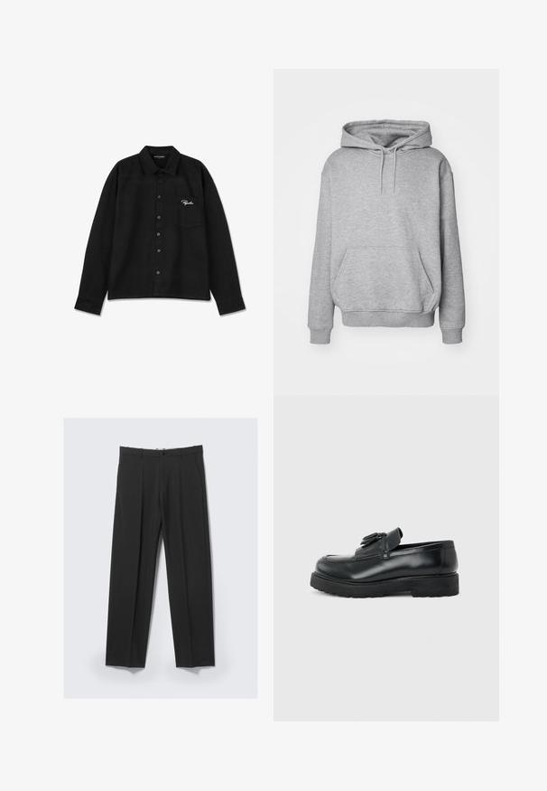 Sweat à capuche gris en tissu doux avec une poche kangourou et des poignets côtelés. Il est doté d'un cordon de serrage pour ajuster la capuche.; Chemise noire à manches longues en tissu, dotée d'un col, d'une fermeture à boutons, d'une poche poitrine simple et d'un logo brodé en blanc sur la poche.; Pantalon noir ajusté avec plis avant, poches latérales, passants de ceinture et fermeture par bouton à la taille sur un fond clair.; Mocassin en cuir noir avec pampilles, semelle épaisse en caoutchouc et talon bas, présenté de profil sur un fond uni.