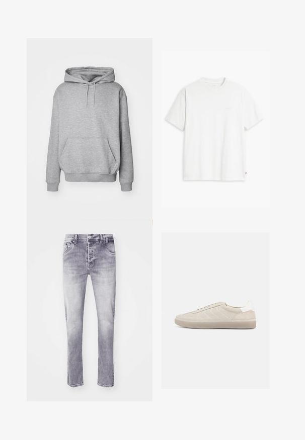 Grauer Kapuzenpullover aus weichem Stoff mit Kängurutasche und gerippten Bündchen. Verfügt über einen Kordelzug für die verstellbare Kapuze.; Weißes Baumwoll-T-Shirt mit kurzen Ärmeln, rundem Ausschnitt und einem dezenten "Levi's"-Logo in heller Farbe auf der Vorderseite.; Graue Denim-Jeans mit einem verblassten Finish, fünf Taschen-Design und geradem Schnitt. Mit einem regulären Knopf- und Reißverschluss.; Beiger Wildleder-Sneaker mit strukturiertem Obermaterial, glattem weißen Fersenbereich, dünnen Schnürsenkeln und Gummisohle. Verfügt über ein flaches Design.