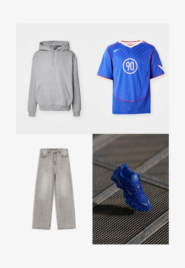 Grijze capuchontrui van een zachte stof met een kangoeroezak en geribbelde boorden. Voorzien van een trekkoord voor een verstelbare capuchon.; Blauw Nike voetbalshirt met een geruit patroon, korte mouwen, v-hals ontwerp, witte accenten en een centrale ronde '90'-grafiek.; Grijze jeans met wijde pijpen, hoge taille, knoopsluiting aan de voorkant, riemlussen en twee steekzakken op een witte achtergrond.; Blauwe sportschoen met een bovenwerk van mesh, een gestructureerd ontwerp en een opvallende zool met duidelijke dempingselementen en reflecterende accenten.