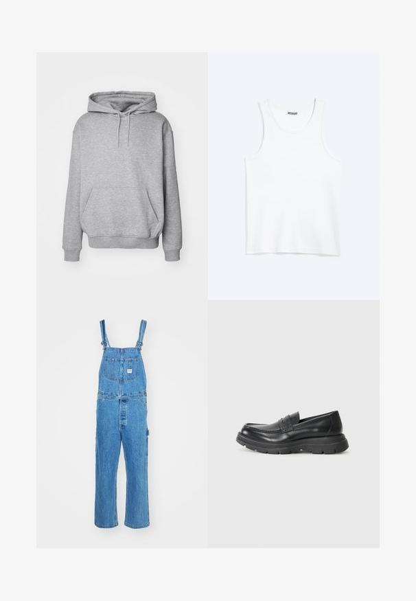 Grauer Kapuzenpullover aus weichem Stoff mit Kängurutasche und gerippten Bündchen. Verfügt über einen Kordelzug für die verstellbare Kapuze.; Weißes ärmelloses Tanktop mit rundem Ausschnitt und Weekday-Markenetikett auf der Innenseite des hinteren Kragens, flach auf hellem Hintergrund dargestellt.; Denim-Overalls mit verstellbaren Trägern, weitem Bein und einer Vordertasche mit Etikett. Hellblaue Farbe mit strukturierter Oberfläche.; Schwarzer Leder-Schlupfschuh im Mokassin-Stil, mit runder Zehenpartie, dicker Gummisohle und feinen Steppnähten im oberen Bereich.