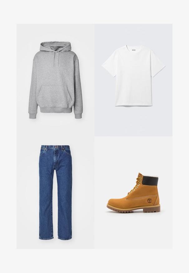 Grijze capuchontrui van een zachte stof met een kangoeroezak en geribbelde boorden. Voorzien van een trekkoord voor een verstelbare capuchon.; Witte T-shirt met korte mouwen en ronde hals, plat gelegd, effen ontwerp, met een "WEEKDAY" label in de kraag op een lichte achtergrond.; Rechtermode blauwe denim jeans met een voorste knoop, ritssluiting, riemlussen en vijf-vakken ontwerp op een effen witte achtergrond.; Bruine leren enkellaars met metalen oogjes, witte faux bont voering, zwarte gewatteerde kraag, robuuste zool en een reliëflogo aan de zijkant.