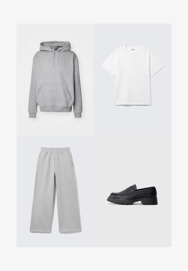 Grå hættetrøje i blødt stof med kængurulomme og ribkanter ved ærmerne. Har snøre til justerbar hætte.; Hvid kortærmet crewneck T-shirt lagt fladt ud, ensfarvet design, med "WEEKDAY" mærkat inde i kraven på en lys baggrund.; Lysegrå sweatpants med vide ben, elastisk linning og sidelommer vist på en ensfarvet baggrund.; Sorte læder loafers med en rund tå, prydet med en dekorativ rem og en kraftig gummisål med dybe riller for grip.