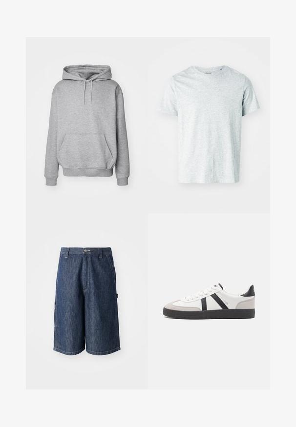 Grå hættetrøje i blødt stof med kængurulomme og ribkanter ved ærmerne. Har snøre til justerbar hætte.; Lys grå, kortærmet t-shirt lavet af blødt stof, med en rund hals og en let afslappet pasform. Ingen synlige mønstre eller grafik.; Mørkeblå denimshorts med lige skæring, fem lommer og synlige sømme. Har en knaplukning og bæltestropper.; Hvide sneakers med sorte og grå detaljer, med en tekstureret grå tåhætte, sort gummisål og flade hvide snørebånd. Rent design, minimalistisk stil.