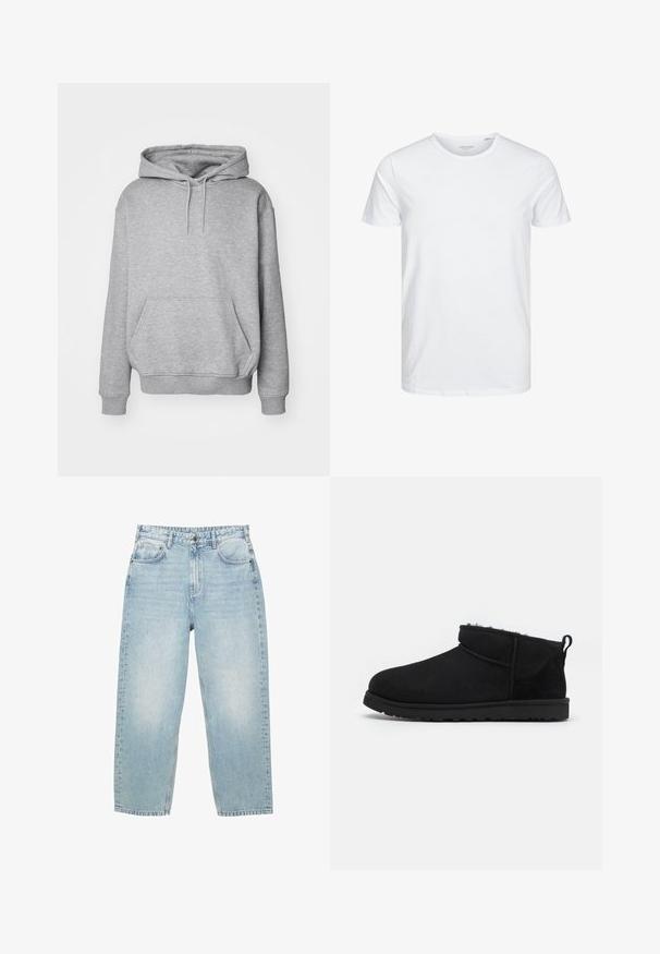 Grå hættetrøje i blødt stof med kængurulomme og ribkanter ved ærmerne. Har snøre til justerbar hætte.; Rundhals kortærmet t-shirt i ensfarvet hvid, lavet af blød bomuld, har et simpelt design uden synlige mønstre eller detaljer.; Lyseblå høj talje denim jeans med lige ben, for- og baglommer samt lukning med knap og synlig syning.; Sorte ruskind ankelstøvler med en blød, tekstureret foring, lavprofilgummi sål og en løkke bagpå for nem påtagning.