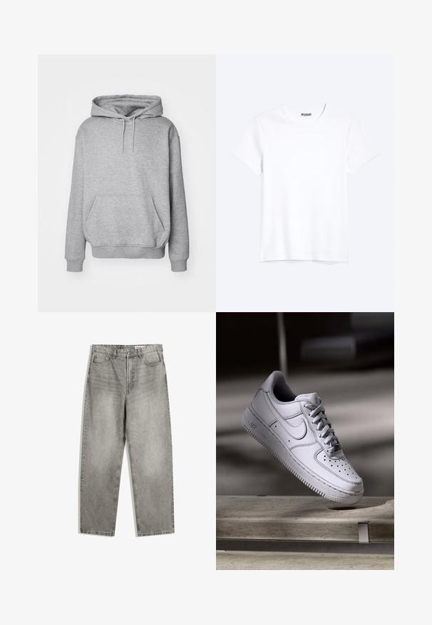 Grauer Kapuzenpullover aus weichem Stoff mit Kängurutasche und gerippten Bündchen. Verfügt über einen Kordelzug für die verstellbare Kapuze.; Schlichtes weißes T-Shirt mit kurzen Ärmeln und Rundhalsausschnitt mit gut sichtbarem WEEKDAY-Label am Kragen, dargestellt auf hellem Hintergrund.; Graue Denim-Hosen mit geradem Schnitt, ausgestattet mit Fronttaschen, einem Knopfverschluss und subtilen verblassten Texturen.; Weißer Nike Air Force 1 Sneaker aus Leder mit perforierter Zehenpartie, flachen Schnürsenkeln und strukturierter Gummisohle mit "AIR"-Branding an der Seite.