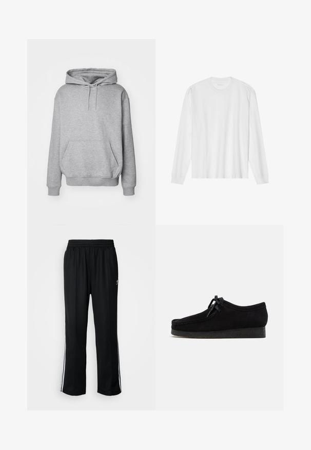 Grauer Kapuzenpullover aus weichem Stoff mit Kängurutasche und gerippten Bündchen. Verfügt über einen Kordelzug für die verstellbare Kapuze.; Weißes langärmeliges Baumwoll-T-Shirt mit Rundhalsausschnitt, mit gerippten Bündchen und geradem Saum, glatter Textur und minimalistischem Design.; Schwarze Sporthosen mit elastischem Bund, ausgestattet mit weißen Seitenstreifen und einem kleinen Logo. Das Material wirkt weich und leicht.; Schwarze Wildlederschuhe mit rundem Zehendesign, einer Schnürfront und einer strukturierten schwarzen Gummisohle. Glattes Obermaterial mit dezenten Nahtdetails.