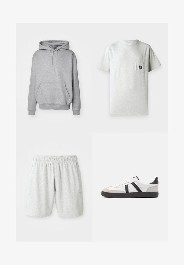 Grå hættetrøje i blødt stof med kængurulomme og ribkanter ved ærmerne. Har snøre til justerbar hætte.; Herret grå bomulds t-shirt med rund halsudskæring, korte ærmer og lomme på venstre bryst, forsynet med en lille sort logo-patch.; Grå bomuldsbukser med elastisk talje, der har en glat tekstur og sidelommer. Diskret logodetalje ved kanten.; Hvide sneakers med sorte og grå detaljer, med en tekstureret grå tåhætte, sort gummisål og flade hvide snørebånd. Rent design, minimalistisk stil.