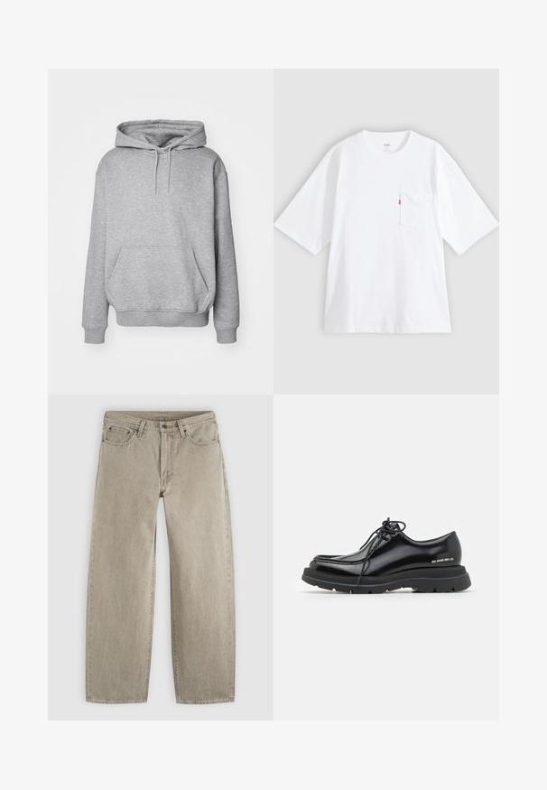Grå hættetrøje i blødt stof med kængurulomme og ribkanter ved ærmerne. Har snøre til justerbar hætte.; Hvid bomulds-T-shirt med korte ærmer, rund hals og lomme på venstre bryst. Har en lille rød logoetiket på lommen.; Beige jeans med lige ben i denim med forlommer, bæltestropper, knaplukning og synlige syninger på en ensfarvet lys baggrund.; Sorte læder dressko med rund tå, tyk gummisål, snørebåndsdesign og markant syning langs kanten.