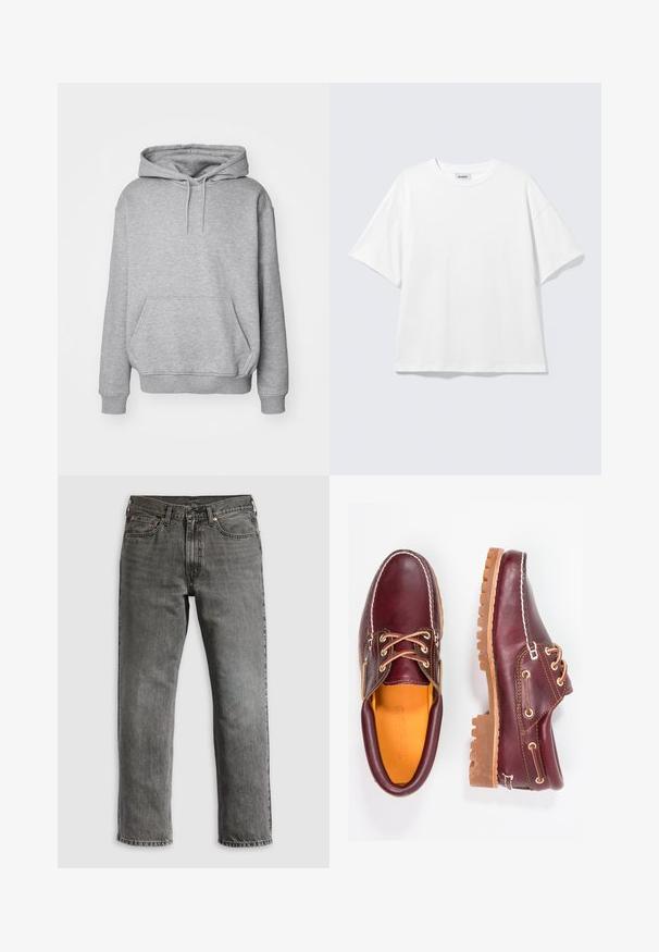 Grauer Kapuzenpullover aus weichem Stoff mit Kängurutasche und gerippten Bündchen. Verfügt über einen Kordelzug für die verstellbare Kapuze.; Weißes oversized T-Shirt mit kurzen Ärmeln und Rundhalsausschnitt mit eingesetzten Schultern, flach auf hellgrauem Hintergrund.; Graue Jeans aus Denim mit geradem Bein, ausgestattet mit fünf Taschen, kupfernen Nieten und sichtbaren Nähten. Klassisches Design mit Reißverschluss.; Bordeauxfarbene Lederschuhe mit braunen Gummisohlen, runder Zehenform, weißen Nähten und goldenen Ösen. Das Innenfutter weist eine gelbe Beschichtung auf.