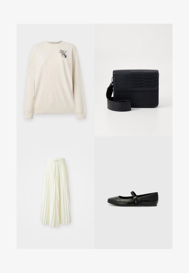 Kermanvärinen pitkähihaisen collegepaita, jossa on resorit hihoissa ja helmassa. Paidassa rintakehällä teksti "Out of Office" ja vintage-tyylinen puhelin-kuvitus.; Pleatattu midi-hame vaaleankeltaisesta kankaasta, jossa on joustava vyötärö ja nauhakiinnitys, sileä pinta ja pystysuorat raidat lisäyksityiskohtina.; Mustat nahkaiset balettikengät pyöreällä varpaalla, tasapohjalla ja ohuella säädettävällä remmillä jalkaholvissa, jossa on metallinen solki.; Musta krokotiilihikinäytteen laukku, jossa on suorakulmainen muoto, taitettava läppä ja irrotettava hihna. Ominaisuuksiin kuuluu sileä pinta ja kiiltävä ulkonäkö.