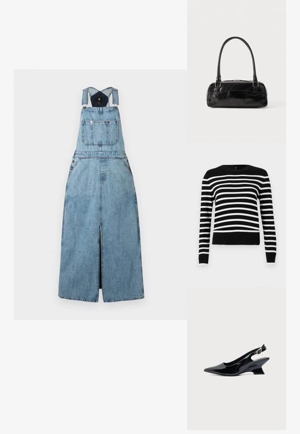 Čierno-biely pruhovaný sveter s okrúhlym výstrihom, dlhými rukávmi a ribbovaným lemom. Mäkký pletený materiál s striedavými širokými a úzkymi pruhmi.; Svetlomodré denimové šaty bez rukávov s predným vreckom, nastaviteľnými ramienkami a predným rozparkom uprostred.; Čierna lakovaná slingback topánka so špicatou špičkou a nízkym šikmým blokovým opätkom na jednoduchom svetlom pozadí.; Čierna kožená kabelka obdĺžnikového tvaru, vybavená jednou pevnou rukoväťou, strieborným kováním a zipsom. Hladký povrch.