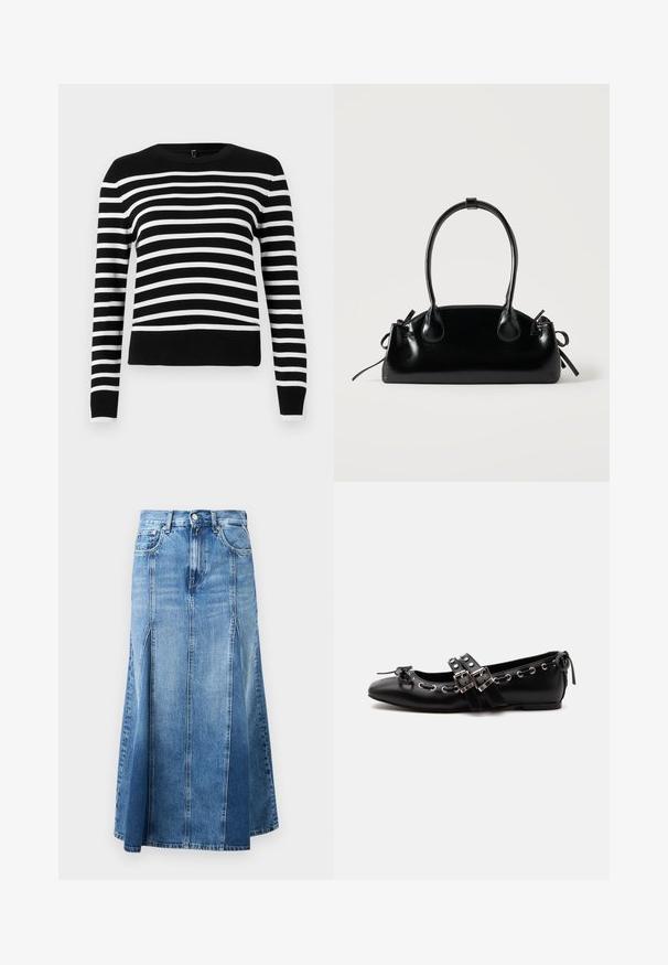 Stribet sweater i sort og hvid med rund hals, lange ærmer og ribbet kant. Blødt strikkemateriale med skiftende brede og smalle striber.; Denim nederdel med en lys til mørk blå gradient, knælængde, med lige snit, frontslids og klassisk knap- og lynlås-lukning.; Sort flad balletsko med dobbelt spænde, sølvøjer og en lille sløjfe nær den runde tå på en hvid baggrund.; Lille sort blank håndtaske med to lange håndtag og snøre-detaljer i siden på en ensfarvet lys baggrund.