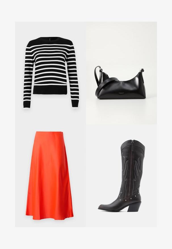 Stribet sweater i sort og hvid med rund hals, lange ærmer og ribbet kant. Blødt strikkemateriale med skiftende brede og smalle striber.; Rød satin midi-nederdel med en glat tekstur, A-line silhuet og en subtil flare ved kanten. Ingen synlige mønstre eller pynt.; Brune læder cowboystøvler med flammebroderi, sidelukning med lynlås, sølvnitter, spids snude og lagdelt hæl.; Sort læderhåndtaske med en glat tekstur. Har en justerbar stropp og et enkelt, minimalistisk design med lynlås.
