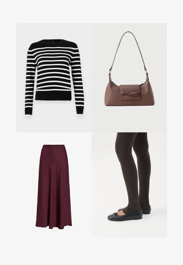 Stribet sweater i sort og hvid med rund hals, lange ærmer og ribbet kant. Blødt strikkemateriale med skiftende brede og smalle striber.; Bordeaux satin maxiskirt med en glat tekstur, høj talje og en flydende silhuet, der svømmer blidt ud mod nederkanten.; Ben iført mørke ribbede leggings kombineret med sorte balletsko med små sløjfedetaljer på hvid baggrund.; Brun skuldertaske i læder med en frontlomme med klap, der har en sydd sløjfedetalje, og en justerbar rem.