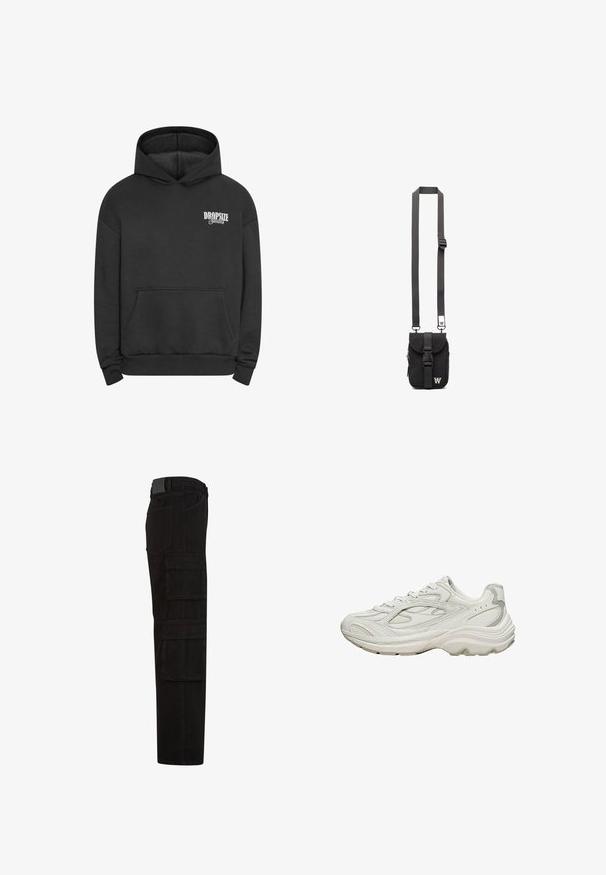 Schwarzer Hoodie aus Baumwollmischung, mit einer Fronttasche, gerippten Bündchen und einem weißen Logo auf der linken Brustseite. Klassisches Pulli-Design.; Schwarze Cargohose mit mehreren großen Überschlagtaschen, Gürtelschlaufen und geradem Beinanschnitt, seitlich dargestellt.; Weißer Sneaker mit strukturiertem Obermaterial und klobiger Sohle. Merkmale sind geschwungene Linien, dezente graue Akzente und ein Schnürdesign.; Schwarze Stoff-Crossbody-Tasche mit verstellbarem Riemen, Klappe vorne und Reißverschlusstasche. Mit gebrandeten Beschlägen und kompaktem rechteckigem Design.