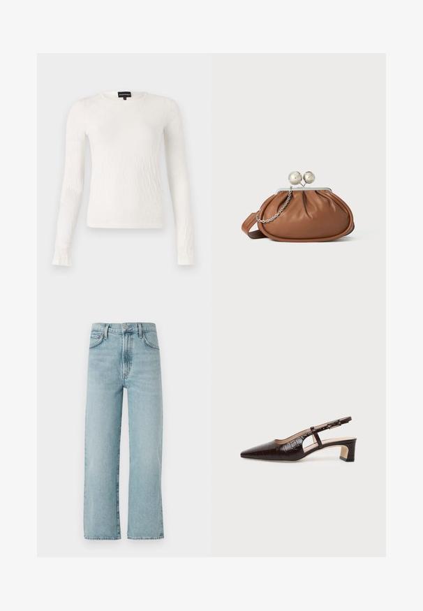 Hvidt langærmet top med et struktureret, vævet mønster. Rund hals og tætsiddende design. Blødt stof med let glans.; Lyst blå lige ben jeans lavet af denim, med højTalje, en frontknaplukning og subtile falmninger på stoffet.; Mørkebrune slingback sko i krokodillelæder med spids tå, lav blokhæl og justerbar rem med guldfarvet spænde.; Brun læder clutch-pung med sølv kugleklap og en lille sølv kædedetalje på en hvid baggrund.