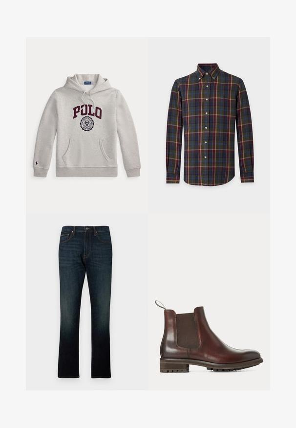 Svetlosivá mikina s kapucňou s "POLO" vo veľkých bordových písmenách a kruhovou emblémou Polo Ralph Lauren New York pod nimi na prednej strane.; Košeľa s dlhým rukávom na gombíky a golierom s gombíkmi v zelenom, modrom, červenom a béžovom károvanom vzore na bielom pozadí.; Tmavomodré rovné rifle s piatimi vreckami a oranžovým prešitím, zobrazené plocho na bielom pozadí.; Hnedá kožená Chelsea čižma s elastickým bočným panelom, sťahovacou pútkom na päte a hrubou gumovou podrážkou so vzorom.