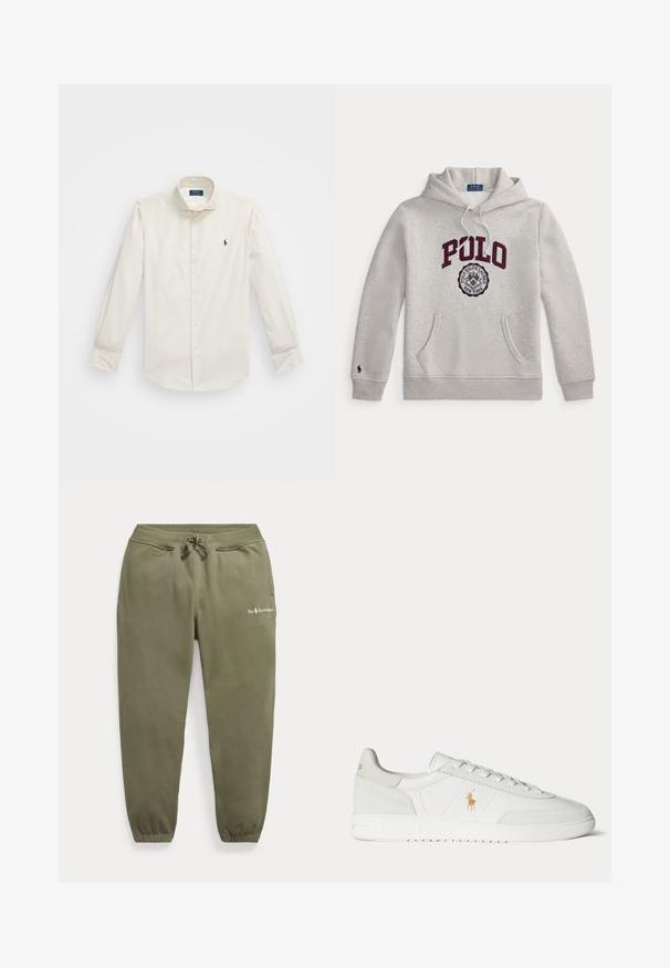 Helehall kapuutsiga pusa, millel on "POLO" suurtes burgundia värvi tähtedes ja allpool eespool ümmargune Polo Ralph Lauren New Yorki embleem.; Valge pika varrukaga särk, mis on valmistatud puuvillast, millel on nööbiga kaelus, üks rinna tasku ja väike tumesinine logo vasakul küljel.; Oliivirohelised dressipüksid elastse vöökoha ja mansettidega, paelaga, küljetaskutega ning väike Polo Ralph Laureni logo vasakul reiel.; Valge madala säärega tennisking paeltega, kuldse Polo Ralph Laureni logoga küljel ja tekstureeritud tallaga ühevärvsel taustal.