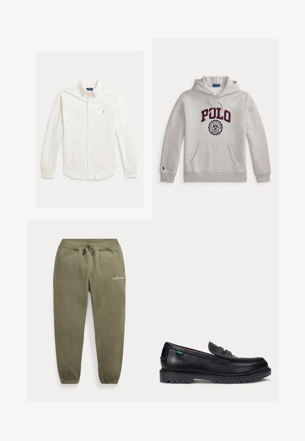 Svetlosivá mikina s kapucňou s "POLO" vo veľkých bordových písmenách a kruhovou emblémou Polo Ralph Lauren New York pod nimi na prednej strane.; Biela košeľa s dlhým rukávom na gombíky s golierom a vyšívaným logom Polo Ralph Lauren na ľavej strane hrudníka.; Olivovo zelené tepláky s elastickým pásom a manžetami, sťahovacou šnúrkou, bočnými vreckami a malým logom Polo Ralph Lauren na ľavom stehne.; Čierny kožený mokasín s hrubou drsnou podrážkou a malou zelenou značkou "Polo" na vonkajšej strane pri päte.