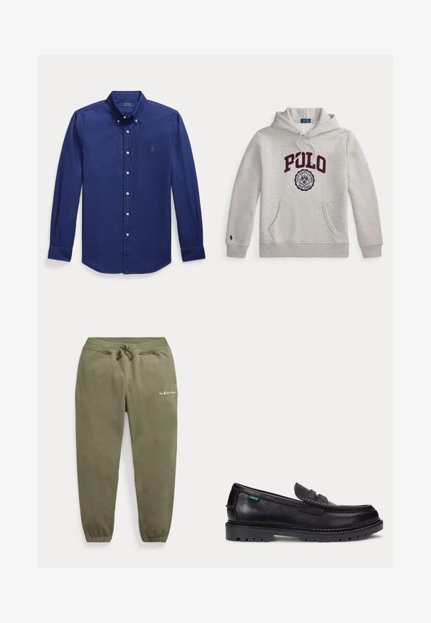 Hellgrauer Hoodie mit "POLO" in großen bordeauxroten Buchstaben und einem runden Polo Ralph Lauren New York Emblem darunter auf der Vorderseite.; Dunkelblaues Langarm-Hemd mit Knopfleiste aus Baumwolle. Verfügt über einen spitzen Kragen und ein kleines grünes, gesticktes Logo auf der linken Brust.; Olivgrüne Jogginghose mit elastischem Bund und Bündchen, Kordelzug, Seitentaschen und kleinem Polo Ralph Lauren Logo am linken Oberschenkel.; Schwarzer Lederloafer mit dicker Profilsohle und kleinem grünen "Polo"-Etikett an der Außenseite nahe der Ferse.