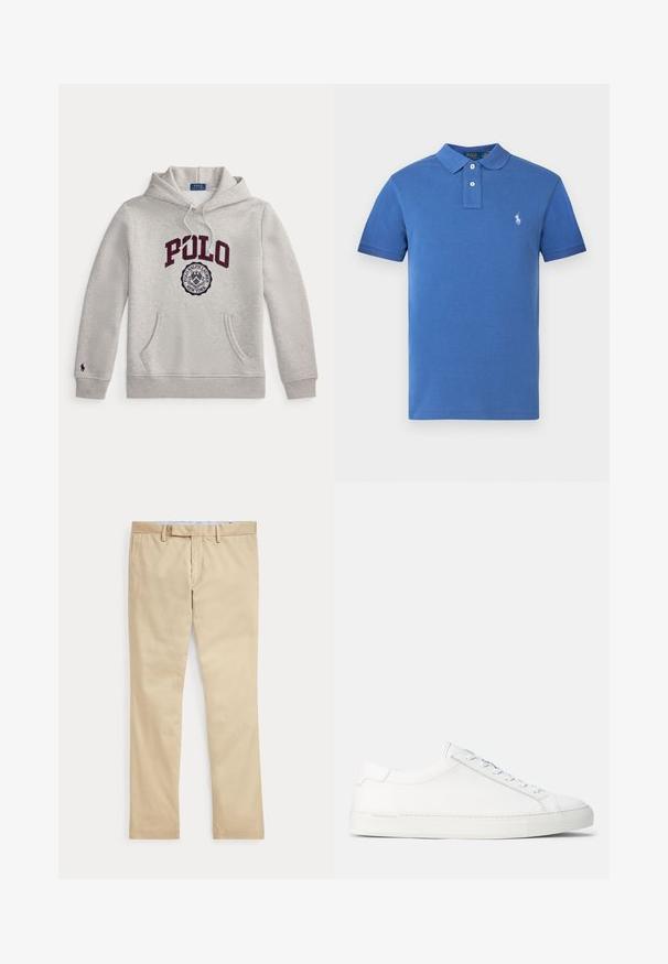 Svetlosivá mikina s kapucňou s "POLO" vo veľkých bordových písmenách a kruhovou emblémou Polo Ralph Lauren New York pod nimi na prednej strane.; Tmavomodré polotričko z textúrovaného bavlneného materiálu, s klasickým golierom, dvoma gombíkmi a vyšitým logom na ľavej strane hrudníka.; Béžové nohavice s rovnými nohavicami, s pútkami na opasok a predným zipsom, položené na bielom pozadí.; Biele kožené tenisky s hladkým povrchom, zaobleným tvarom, plochou gumenou podrážkou a bielymi šnúrkami. Majú minimalistický dizajn a nenápadné branding.