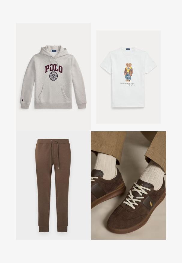 Sweat à capuche gris clair avec "POLO" en grandes lettres bordeaux et un emblème circulaire Polo Ralph Lauren New York en dessous sur le devant.; T-shirt en coton blanc avec un graphique représentant un ours en dessin animé habillé. Détails notables : une veste marron, un sweat à capuche jaune et un jean bleu.; Pantalon de survêtement marron en matière douce et extensible, avec une taille élastique, un cordon de serrage et des poignets côtelés. Petit logo en haut à gauche.; Baskets en daim marron avec lacets blancs portées avec des chaussettes côtelées beiges et un pantalon marron clair.