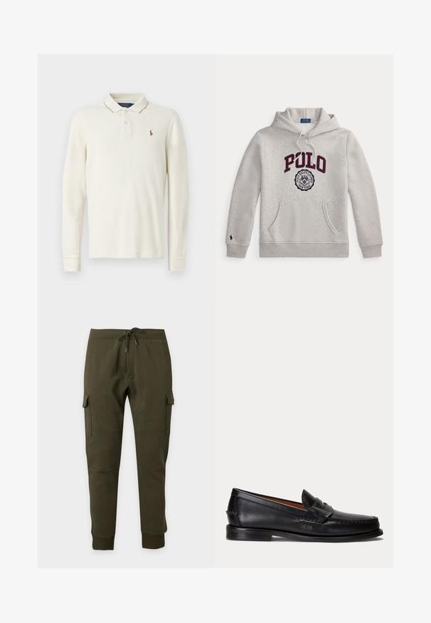 Svetlosivá mikina s kapucňou s "POLO" vo veľkých bordových písmenách a kruhovou emblémou Polo Ralph Lauren New York pod nimi na prednej strane.; Dlhý rukáv polo tričko v krémovej bavlne, s rebrovaným golierom, trojbuttonovou légiou a malým vyšívaným logom na hrudi.; Tmavozelené cargo jogger nohavice so sťahovacou šnúrkou v páse, bočnými kapsami s klopou, rebrovanými lemami na členkoch a detailmi švov na kolenách na jednofarebnom pozadí.; Čierny kožený mokasín s nízkym podpätkom a detailom s penny remienkom, zobrazený z boku na svetlosivom pozadí.
