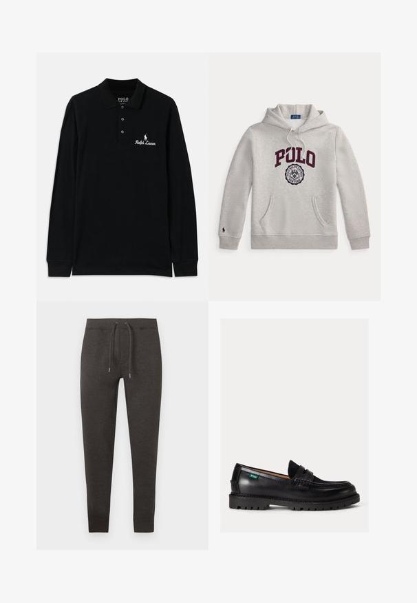 Svetlosivá mikina s kapucňou s "POLO" vo veľkých bordových písmenách a kruhovou emblémou Polo Ralph Lauren New York pod nimi na prednej strane.; Čierna polo košeľa s dlhým rukávom vyrobená z bavlny, s rebrovaným golierom, trojiteľovým zapínaním na gombíky a bielou výšivkou loga "Ralph Lauren".; Tmavomodré tepláky z mäkkého materiálu, s elastickým pásom na šnúrku, zužujúcimi sa nohavicami a manžetami pri členkoch.; Čierny kožený loafer s hrubou podrážkou, zaoblenou špičkou a zelenou štítkom s logom Polo na boku.