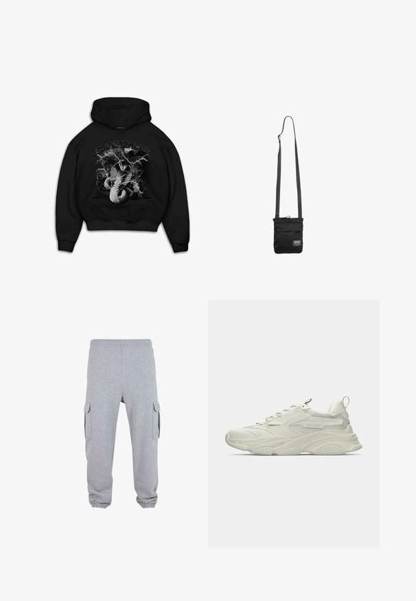 Sudadera negra con capucha que presenta un gráfico de una serpiente con acentos de rayos. El texto en la parte superior dice "MJ GONZALES". El material parece suave y tiene un corte relajado.; Pantalones de chándal grises hechos de una tela suave que cuentan con dos bolsillos cargo laterales, cintura elástica y puños elásticos en los tobillos.; Zapatilla blanca gruesa con detalles de malla, suela de goma texturizada y forma redondeada. Presenta una marca mínima y una lengüeta para tirar en el talón.; Bolso cruzado negro con correa ajustable y pequeña etiqueta rectangular blanca con logo en la parte inferior delantera.