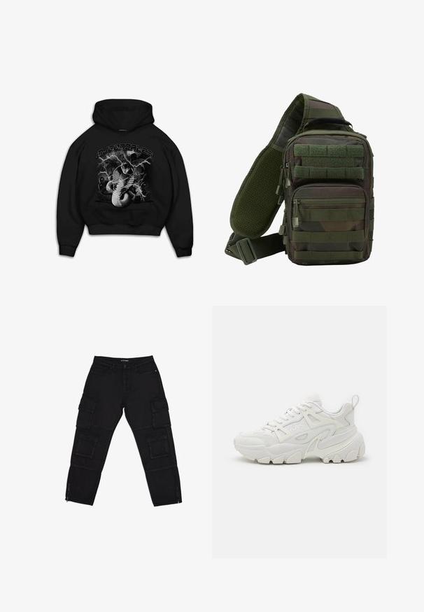 Sudadera negra con capucha que presenta un gráfico de una serpiente con acentos de rayos. El texto en la parte superior dice "MJ GONZALES". El material parece suave y tiene un corte relajado.; Pantalones cargo negros hechos de tela duradera, con múltiples bolsillos cargo, tobillos con cremallera y piernas rectas con sutiles detalles de costura.; Zapatillas deportivas blancas con un upper texturizado, paneles de malla, suela de goma prominente y recortes decorativos en los laterales.; Mochila tipo bandolera en camuflaje verde con múltiples bolsillos con cremallera, una correa ajustable y un panel trasero de malla para ventilación.