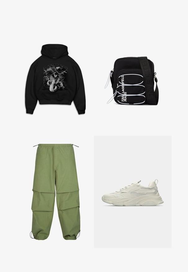 Sudadera negra con capucha que presenta un gráfico de una serpiente con acentos de rayos. El texto en la parte superior dice "MJ GONZALES". El material parece suave y tiene un corte relajado.; Pantalones cargo ligeros de color verde oliva, con cintura elástica, diseño en capas y puños ajustables con cordón. Fabricados con una tela lisa y duradera.; Zapatilla blanca gruesa con detalles de malla, suela de goma texturizada y forma redondeada. Presenta una marca mínima y una lengüeta para tirar en el talón.; Bolso bandolera negro con lazos elásticos blancos, tiradores de cremallera y texto blanco "KARL LAGERFELD JEANS" en el bolsillo delantero.