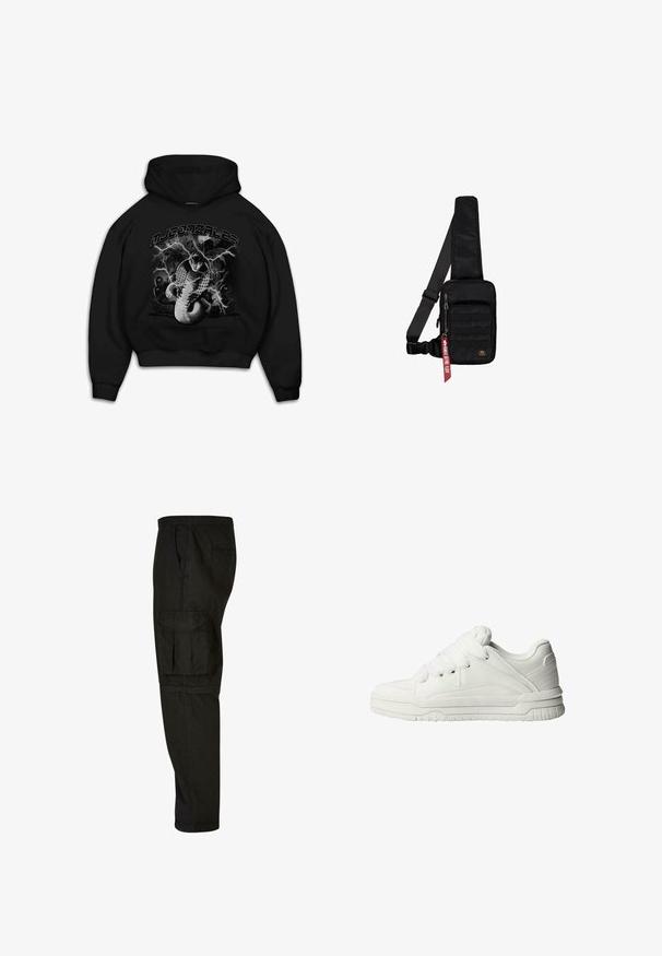 Schwarzer Kapuzenpullover mit einem Grafikdesign eines Schlangenin und Blitzakzenten. Der Text darüber lautet "MJ GONZALES". Das Material scheint weich und mit einem lockeren Schnitt zu sein.; Schwarze Cargo-Hosen mit lockerer Passform, elastischem Bund, Seitentaschen und einer großen Cargotasche am Oberschenkel. Weicher, leichter Stoff.; Weiße Sneaker mit glattem Lederobermaterial, gepolstertem Zungenbereich, flachen Schnürsenkeln und strukturierten Akzenten an den Seiten und der Ferse.; Schwarze Umhängetasche aus strukturiertem Stoff. Ausgestattet mit einem Reißverschluss-Hauptfach, einer vorderen Tasche mit Gurtband, verstellbarem Riemen und einem dekorativen Anhänger.