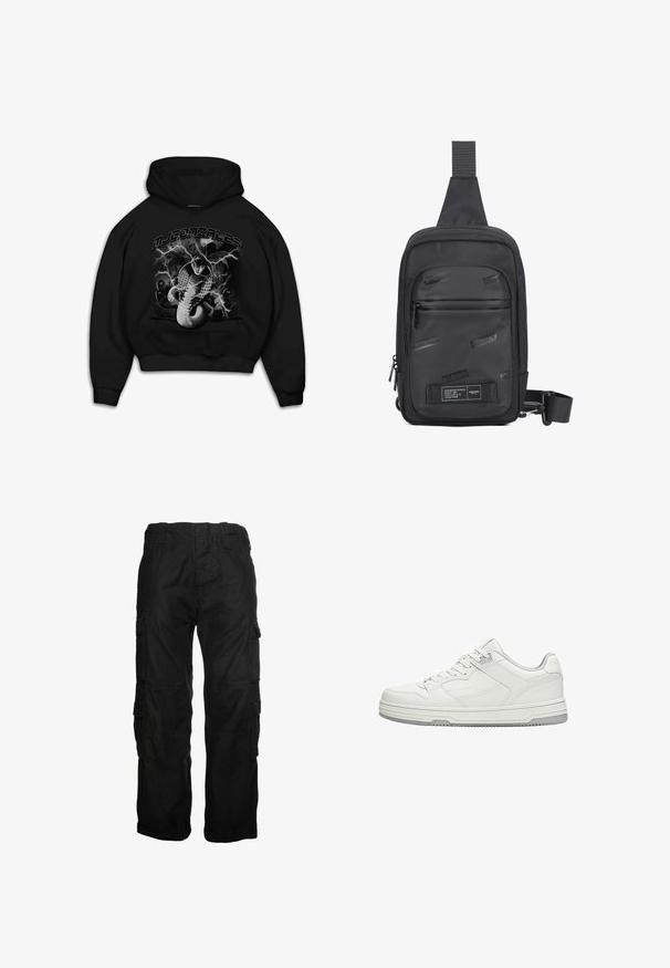 Hoodie noir avec un graphisme d'un serpent accompagné d'accents d'éclair. Le texte au-dessus indique "MJ GONZALES". La matière semble douce avec une coupe décontractée.; Pantalons cargo noirs en coton, avec plusieurs poches latérales, une taille élastique et une coupe décontractée. Texture lisse avec des détails de couture.; Baskets basses blanches avec lacets à l'avant, coutures détaillées et semelle en caoutchouc grise sur fond blanc.; Sac à bandoulière noir en matériau durable, avec un panneau avant lisse arborant des logos en relief, une sangle réglable et des compartiments zippés.