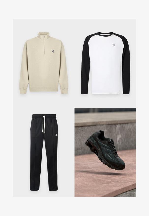 Sudadera beige con cremallera hasta un cuarto, manga larga y puños acanalados, con un pequeño logo de cabeza de lobo en el pecho izquierdo.; Camiseta de manga larga con cuello redondo, cuerpo blanco y mangas raglán negras. Cuenta con un pequeño logo en el pecho. Fabricada con material de algodón.; Pantalones deportivos negros con cordón blanco, rayas laterales, bolsillos frontales y un pequeño logo blanco de Champion en el muslo izquierdo.; Zapatilla deportiva negra con entresuela visible con amortiguación de aire que flota sobre una superficie de piedra rosa con un fondo de pared de piedra gris.