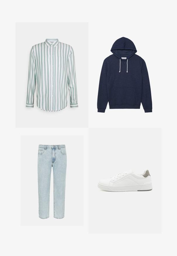 Sweat-shirt à capuche bleu marine avec une poche kangourou, des cordons blancs et des poignets côtelés. Fabriqué à partir d'un matériau doux et texturé.; Chemise en coton à manches longues avec des rayures verticales vert menthe et blanches, fermeture à boutons, col, poche poitrine simple et ourlet incurvé.; Jean en denim bleu clair à jambes droites avec poches avant, passants pour ceinture et fermeture par bouton.; Basket blanche en cuir lisse, à bout arrondi, design minimaliste, accent de talon gris et semelle en caoutchouc texturé.