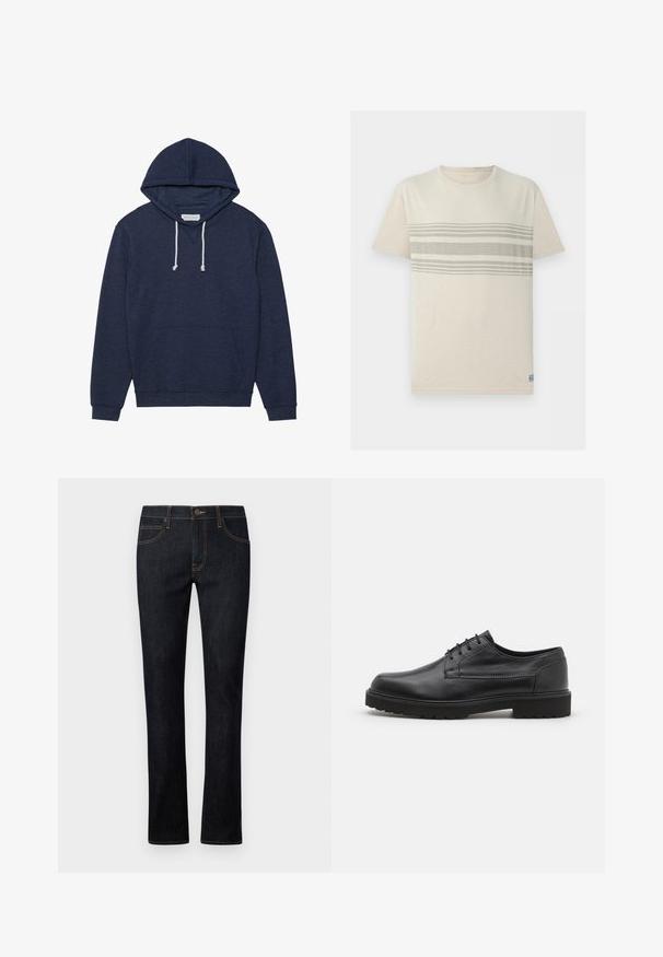Marineblauer Kapuzenpullover mit Kängurutasche, weißen Kordelzügen und gerippten Bündchen. Hergestellt aus weichem, strukturiertem Material.; Beiges kurzärmeliges T-Shirt mit Rundhalsausschnitt, mit drei horizontalen hellgrauen Streifen über der Brust.; Dunkelblaue Jeans aus Denim mit geradem Bein, orangefarbener Naht, fünf Taschen und einem frontalen Knopfverschluss.; Schwarzer Lederschuh mit abgerundeter Zehenpartie, glatter Oberfläche und minimaler Nahtführung. Verfügt über eine Schnürverschluss und eine dicke, strukturierte Gummisohle.
