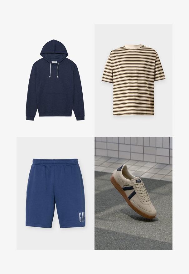 Sweat-shirt à capuche bleu marine avec une poche kangourou, des cordons blancs et des poignets côtelés. Fabriqué à partir d'un matériau doux et texturé.; T-shirt beige à manches courtes avec des rayures horizontales marron et blanches, col rond et coupe décontractée sur un fond uni.; Short bleu à taille élastique avec poches latérales et logo blanc "GAP" sur la partie inférieure gauche de la jambe.; Baskets beiges avec une finition texturée, bandes navy et semelle en caoutchouc. Équipées d'une languette rembourrée et d'un système de laçage traditionnel pour un maintien sécurisé.