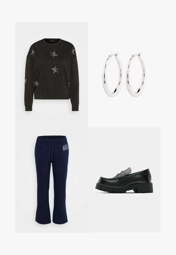 Zwarte lange mouwen crewneck sweatshirt versierd met witte strass sterrenpatronen op de voorkant, mouwen en schouders.; GAP Petite HERITAGE - Trainingsbroek - navy; Zwarte leren instappers met een chunky, gestructureerde zool, voorzien van een band over de voet en een gladde, gepolijste afwerking.; Zilveren oorbellen in de vorm van een gladde, glanzende ring. Circulaire vorm, voorzien van een veilige sluiting. Eenvoudig en elegant ontwerp.