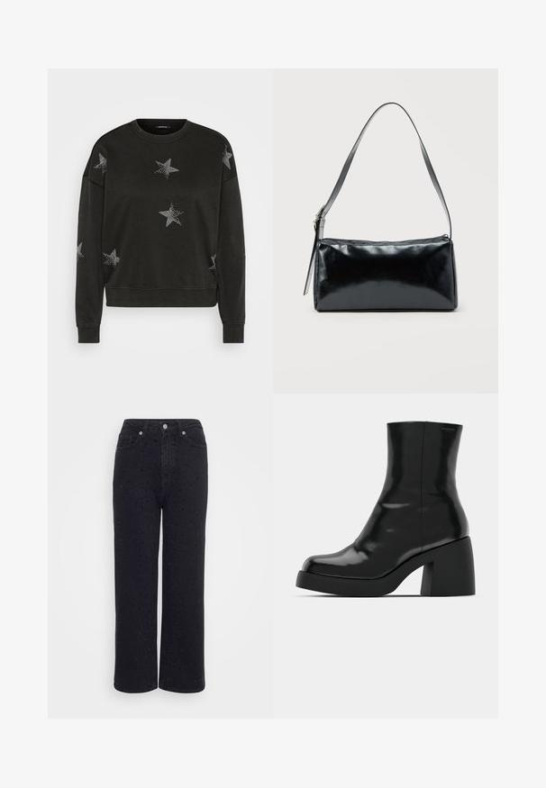 Zwarte lange mouwen crewneck sweatshirt versierd met witte strass sterrenpatronen op de voorkant, mouwen en schouders.; Zwarte denim broek met wijde pijpen en hoge taille, voorzien van decoratieve studs en een zachte textuur.; Zwarte enkellaarzen met een glanzende afwerking, vierkante neus en een dikke blokhak. Het ontwerp heeft een naadloze silhouet en minimale branding.; Zwarte rechthoekige schoudertas met een enkele verstelbare band en een bovenste ritssluiting op een effen achtergrond.