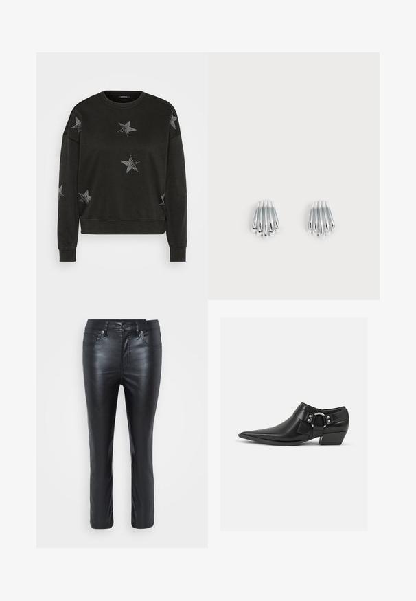 Zwarte lange mouwen crewneck sweatshirt versierd met witte strass sterrenpatronen op de voorkant, mouwen en schouders.; Zwarte leren broek met een slim fit, voorzien van voorzakken, een knoopsluiting en een lichte glans. De pijpen zijn recht gesneden met gestikte details.; Zwarte leren enkellaarzen met een spitse neus, voorzien van een leren band aan de voorkant en een zilveren gesp detail, en een lage, blokhak.; Set glanzende zilveren oorringen met gelaagd, gebogen staafje ontwerp, getoond op een eenvoudige lichte achtergrond.