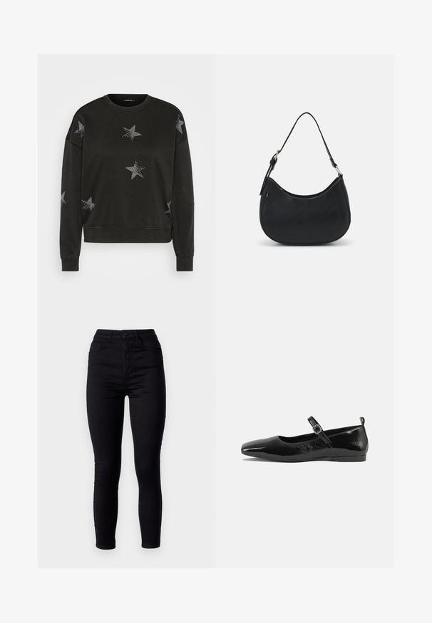 Must mustahed sweatshirt, mille pikad varrukad, kaunistatud valgete sädelevate tähtede mustritega ees, varrukatel ja õlgadel.; Mustad mustad teksad kõrge vöökohaga, valmistatud venivast denimist. Omab esimest nööbiklõpsu ja kahte tagumist taskut. Sile tekstuur.; Mustmust musta nahk king, millel on terav nina, pahkluu rihm koos pandlaga ja sile, läikiv tekstuur. Madal konts mugavuse tagamiseks.; Must have musta kotka, valmistatud siledast nahast, kaarekujulise siluetiga, millel on üks reguleeritav sang ja minimaliseeritud disainielemendid.