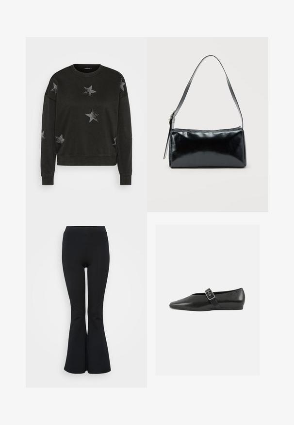 Schwarzer Langarm-Pullover mit Rundhalsausschnitt, verziert mit weißen Strass-Sternmustern auf der Vorderseite, den Ärmeln und den Schultern.; Schwarze ausgestellte Leggings aus elastischem Material. Verfügt über einen hohen Bund und eine glatte Textur. Endet mit einem ausgestellten Saum.; Schwarze Lederflachschuhe mit spitzem Zehenbereich, ausgestattet mit einem metallischen Riemen über dem Spann und einer niedrigen, flexiblen Sohle.; Schwarze rechteckige Schultertasche mit einem verstellbaren Riemen und einem oberen Reißverschluss vor einfachem Hintergrund.