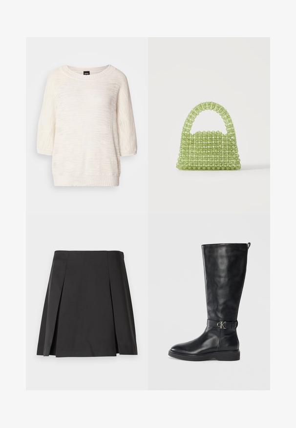 Hvid strikket kortærmet sweater med rund halsudskæring og ribbede manchetter og kant, mærket med en sort BOSS-mærkat ved kraven.; Sorth plisseret nederdel med en glat tekstur, skræddersyet form og en lige talje. Designet uden lukninger for en ren silhuet.; Sorte læder knæhøje støvler med lav hæl, rund tå og metallisk "CK" logo spænde om anklen.; Lille grøn håndtaske lavet af gennemsigtige runde perler med en perlehankel på en ensfarvet hvid baggrund.