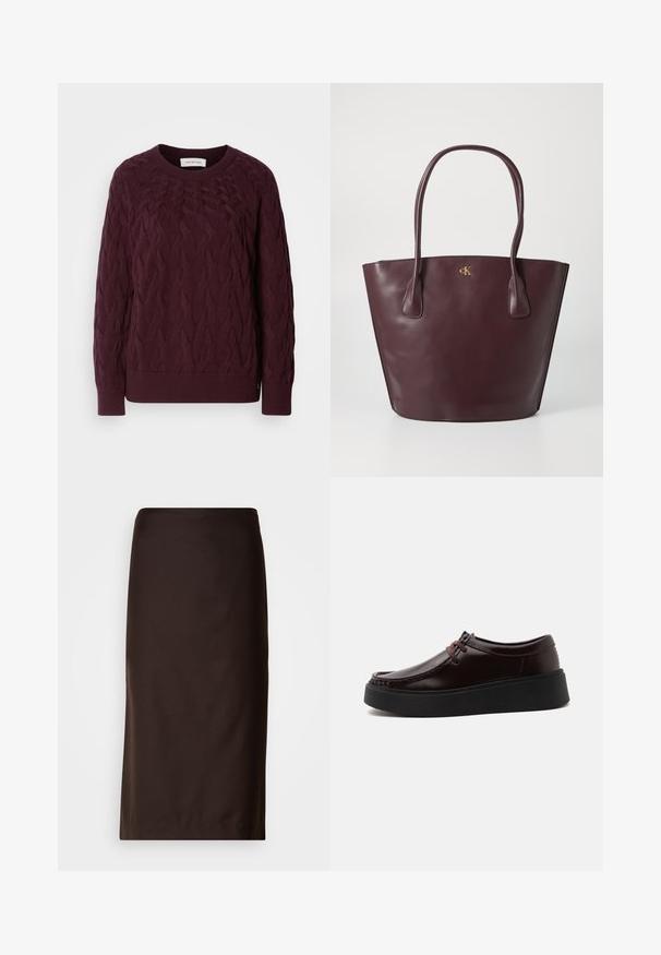 Pull en maille torsadée bordeaux avec un col rond, des poignets et un ourlet côtelés. Présente un motif texturé sur l'ensemble et un petit logo en détail à l'ourlet.; Jupe crayon marron, de longueur genou, fabriquée en tissu lisse. Présente un design simple sans motifs ni embellissements visibles.; Chaussure en cuir marron foncé à lacets avec une semelle noire épaisse et une couture style mocassin, vue de côté sur un fond clair.; Sac fourre-tout en cuir bordeaux, design structuré, double poignées, logo doré embossé à l'avant, texture lisse, ouverture sur le dessus pour un accès facile.