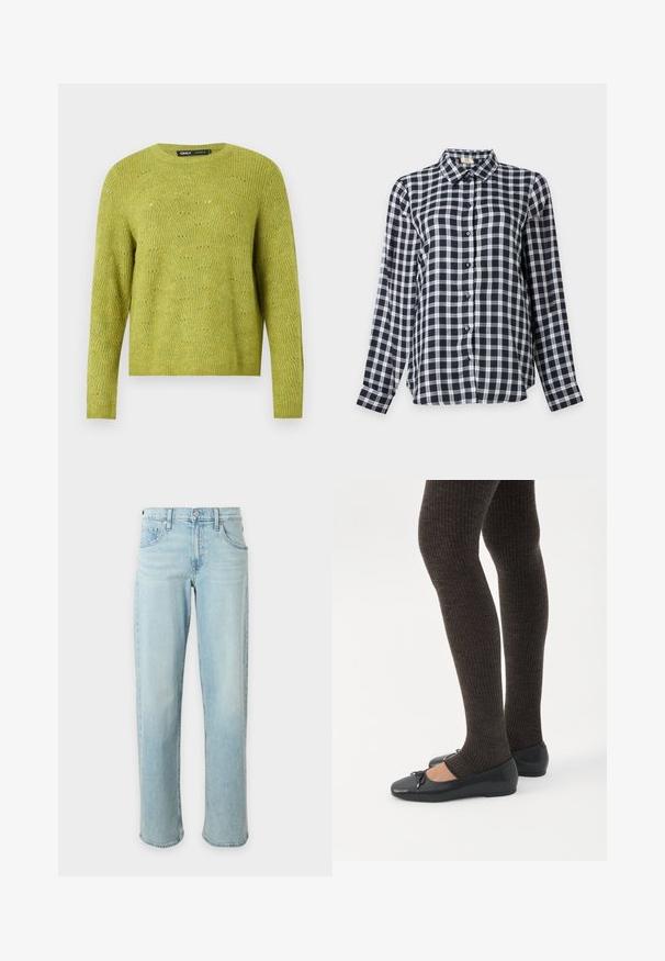 Pull en tricot vert à manches longues avec un motif texturé subtil et un col rond sur un fond uni clair.; Chemise à carreaux noire, blanche et grise à manches longues avec boutons et col classique, affichée sur un fond clair uni.; Jean bleu clair à jambes droites avec poches avant et ceinture boutonnée sur fond blanc uni.; Jambes portant des leggings côtelés foncés associés à des ballerines noires avec de petits détails en nœud sur fond blanc.